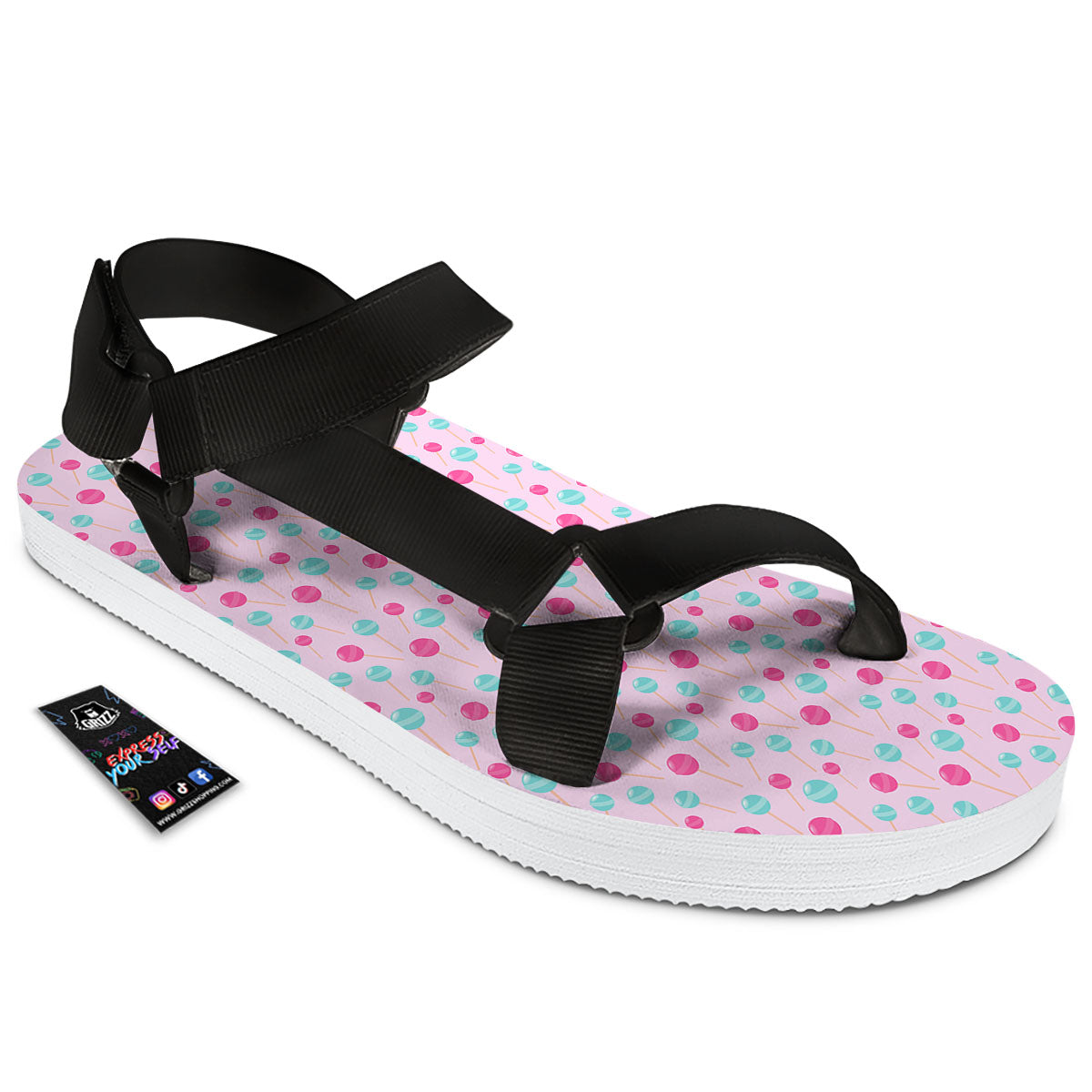Lollipop Cartoon Print Pattern Black Open Toe Sandals-grizzshop