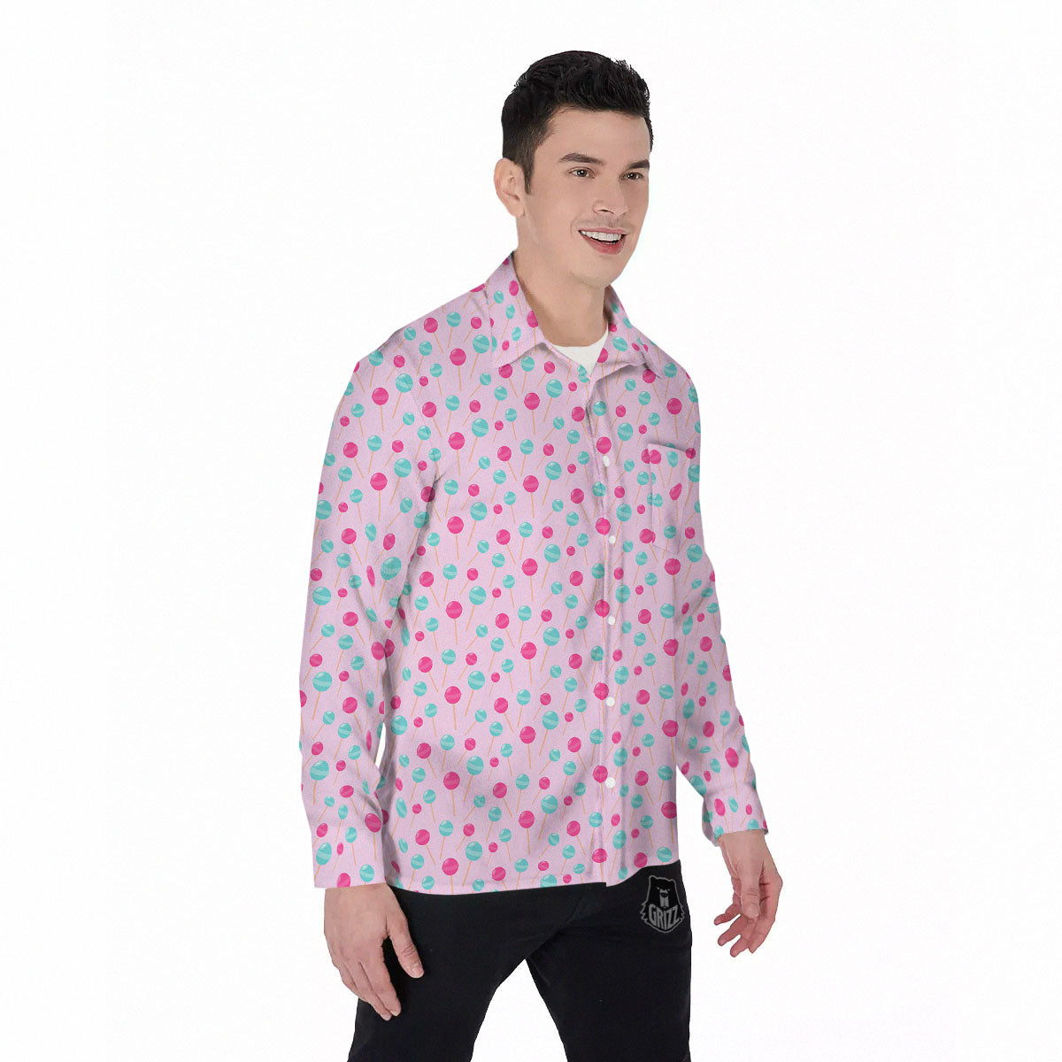 Lollipop Cartoon Print Pattern Men's Long Sleeve Shirts-grizzshop