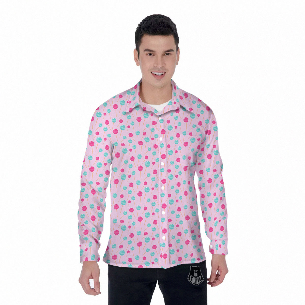 Lollipop Cartoon Print Pattern Men's Long Sleeve Shirts-grizzshop