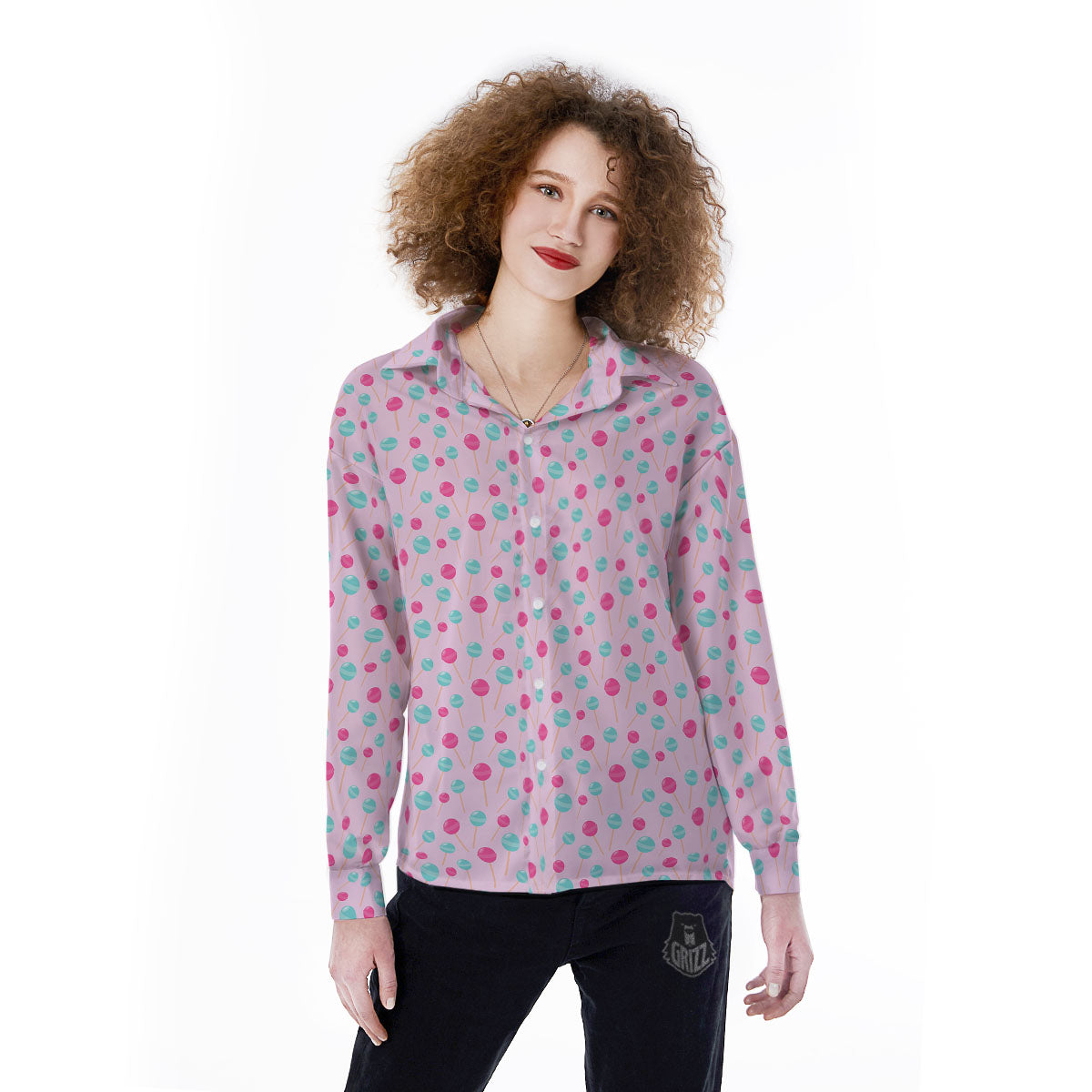 Lollipop Cartoon Print Pattern Women's Long Sleeve Shirts-grizzshop