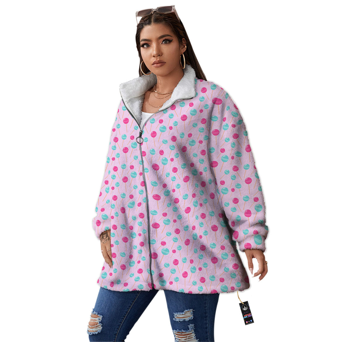 Lollipop Cartoon Print Pattern Women's Sherpa Jacket-grizzshop