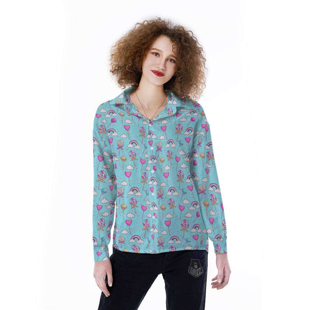 Lollipop Cute Print Pattern Women's Long Sleeve Shirts-grizzshop