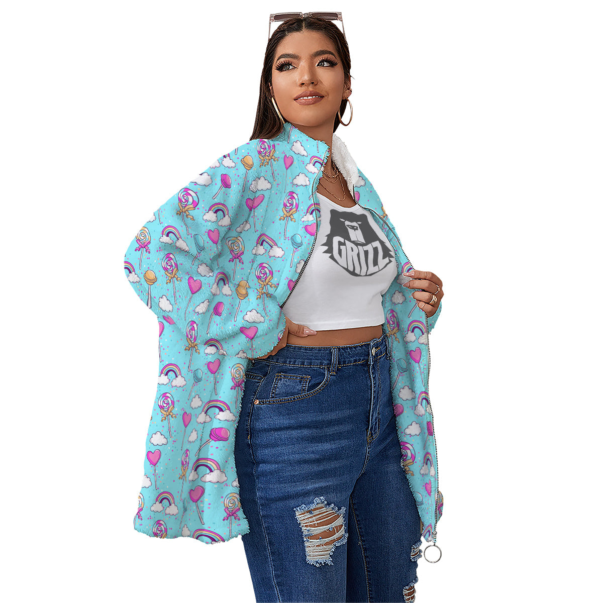 Lollipop Cute Print Pattern Women's Sherpa Jacket-grizzshop