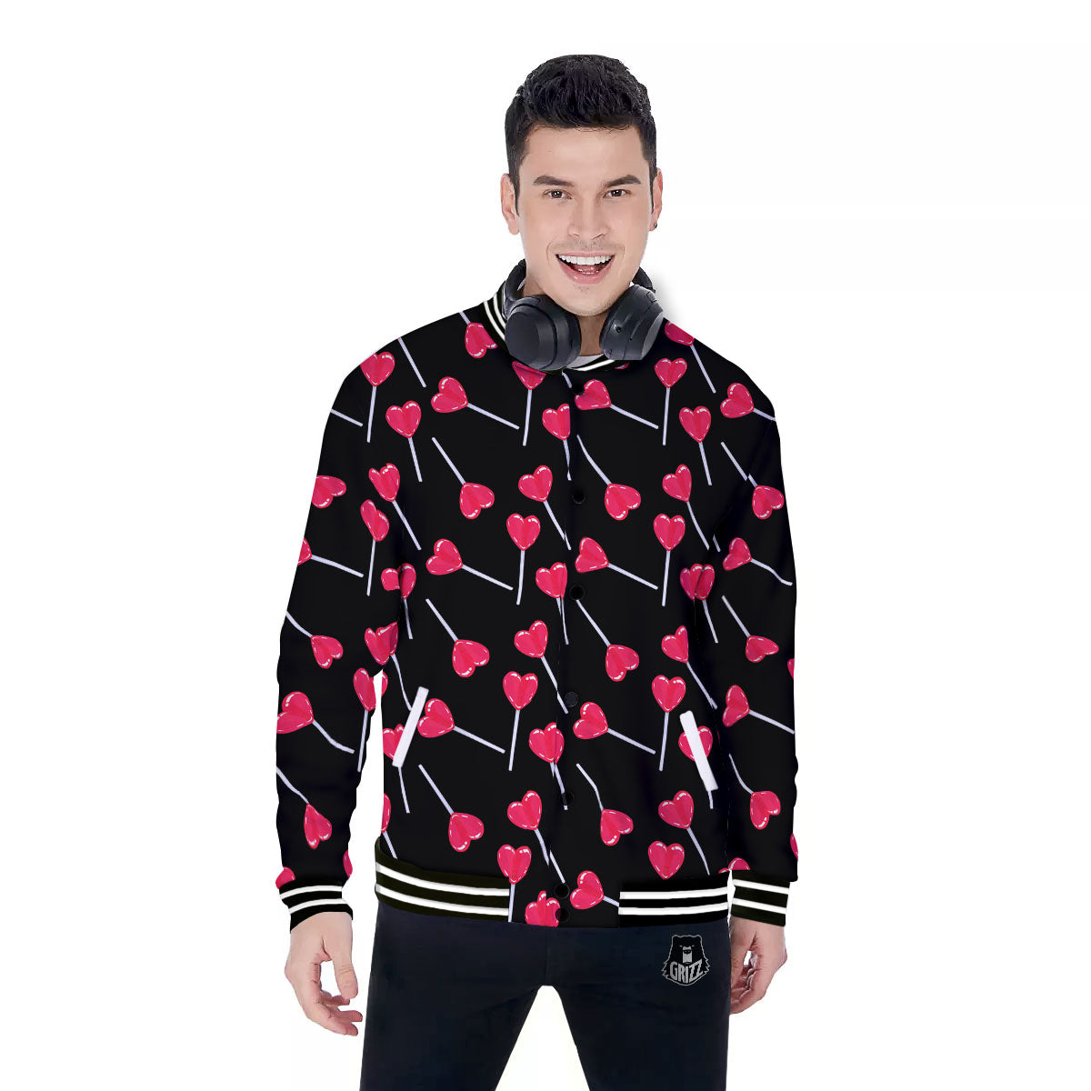 Lollipop Red Heart Print Pattern Baseball Jacket-grizzshop