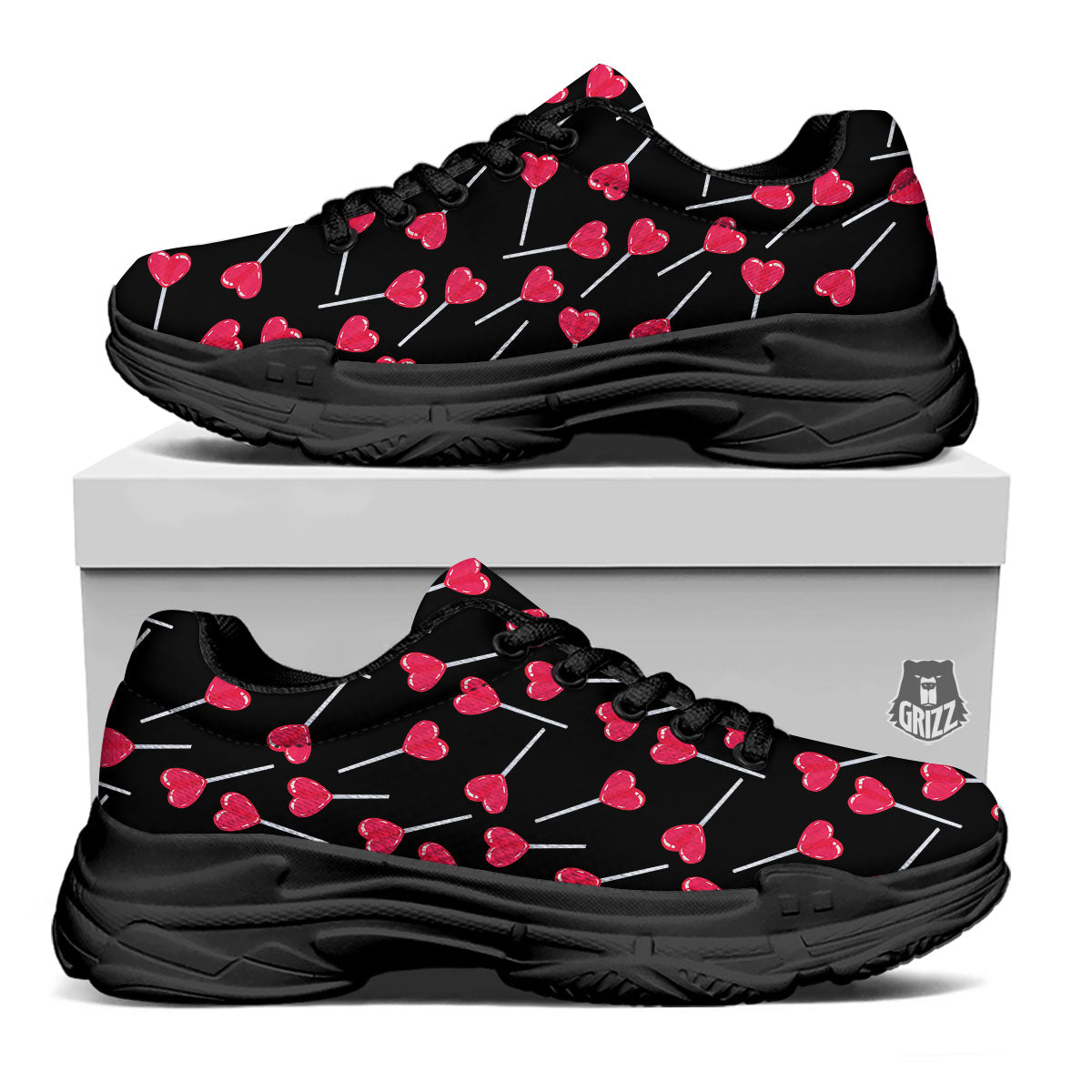 Lollipop Red Heart Print Pattern Black Chunky Shoes-grizzshop