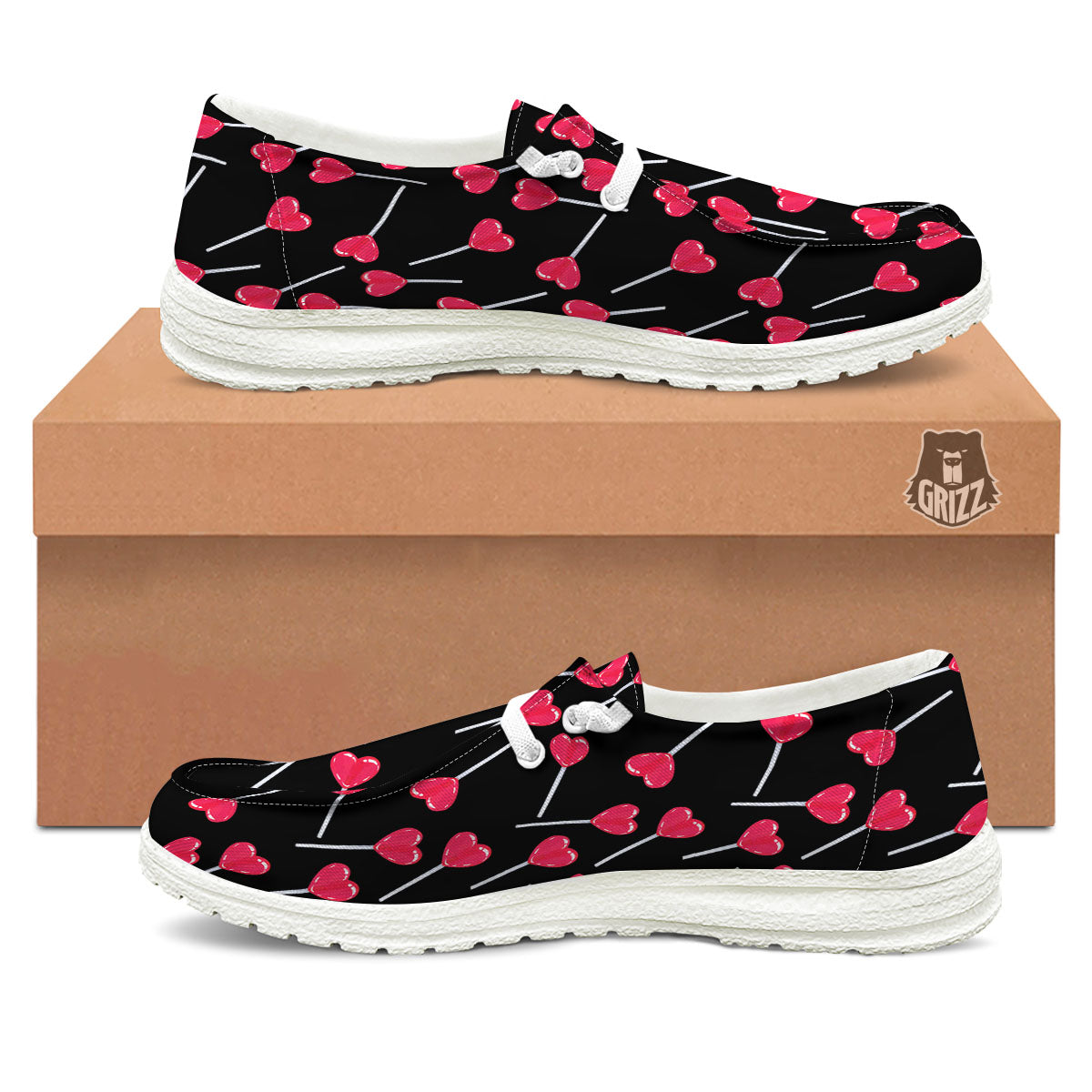 Lollipop Red Heart Print Pattern Black Loafers-grizzshop