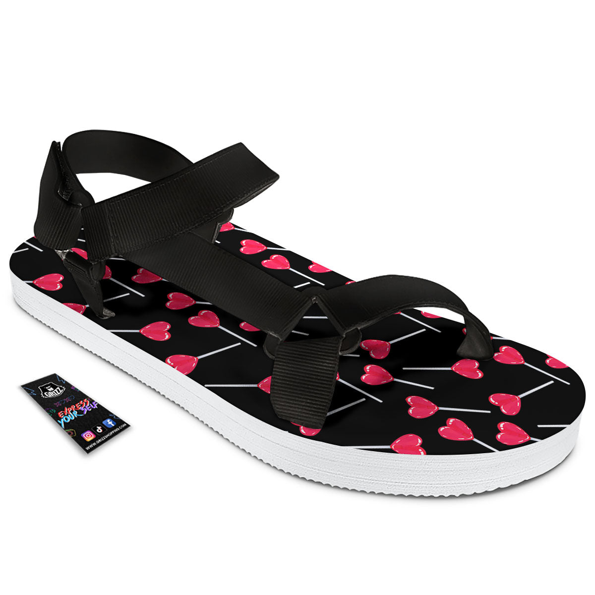 Lollipop Red Heart Print Pattern Black Open Toe Sandals-grizzshop