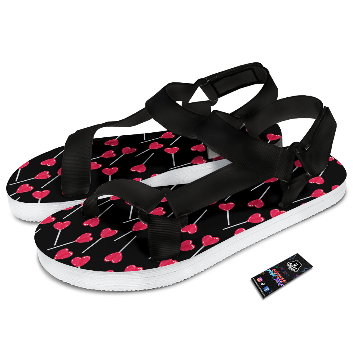 Lollipop Red Heart Print Pattern Black Open Toe Sandals-grizzshop