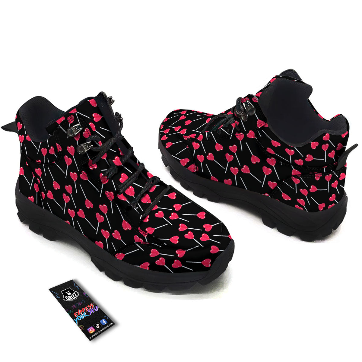 Lollipop Red Heart Print Pattern Hiking Shoes-grizzshop
