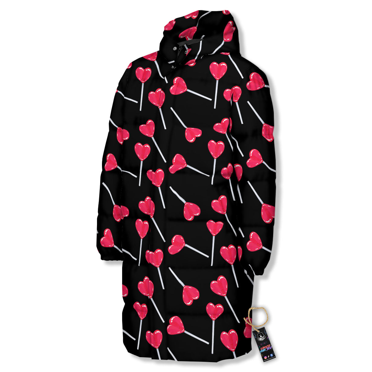 Lollipop Red Heart Print Pattern Long Down Jacket-grizzshop