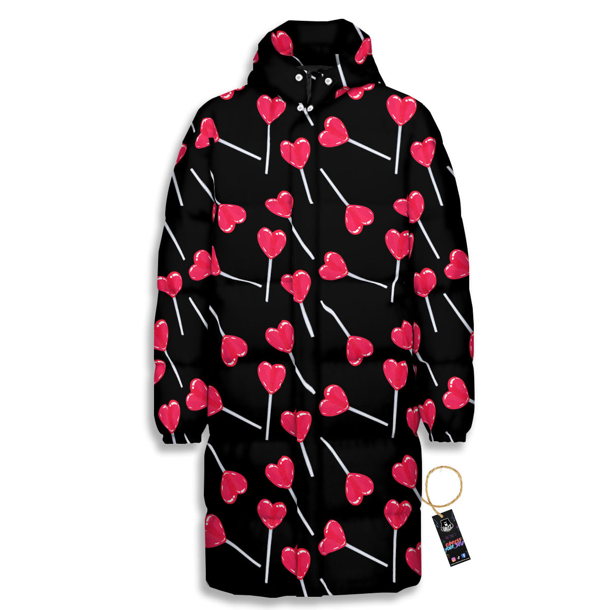 Lollipop Red Heart Print Pattern Long Down Jacket-grizzshop