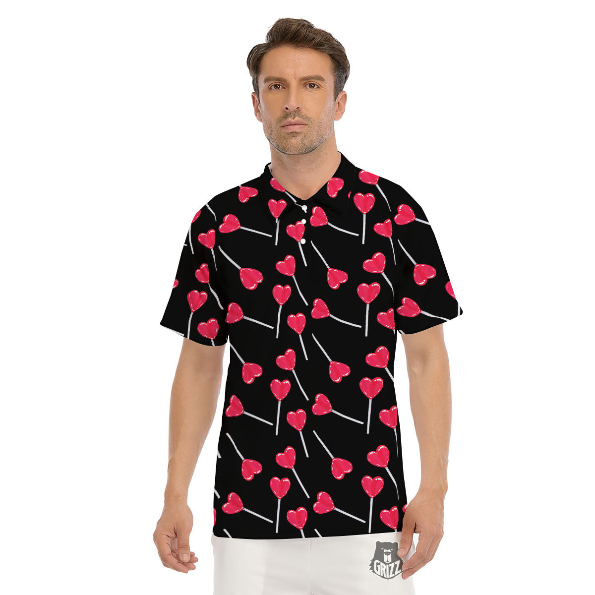 Lollipop Red Heart Print Pattern Men's Golf Shirts-grizzshop