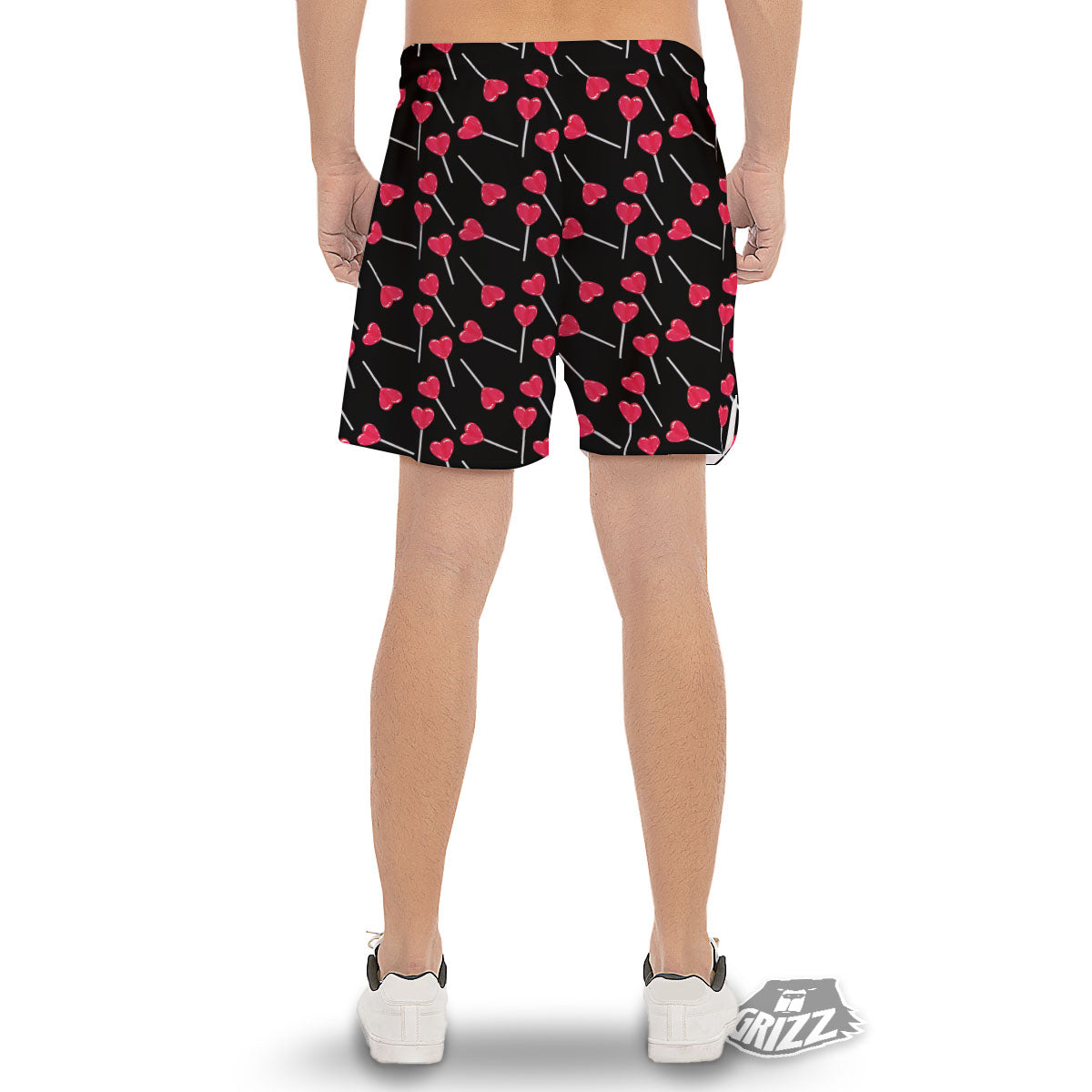 Lollipop Red Heart Print Pattern Men's Gym Shorts-grizzshop