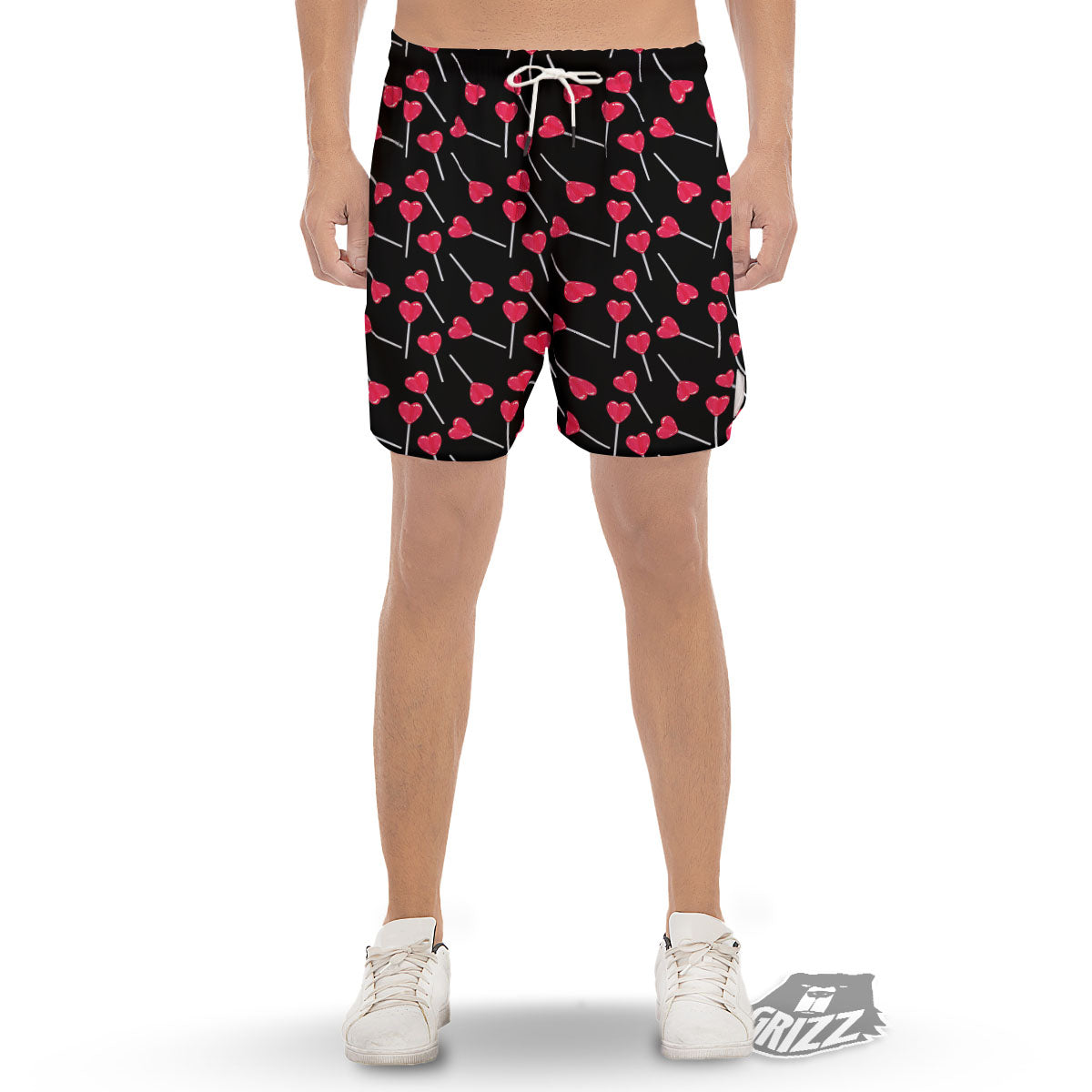 Lollipop Red Heart Print Pattern Men's Gym Shorts-grizzshop