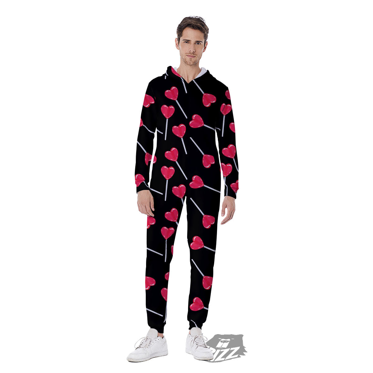 Lollipop Red Heart Print Pattern Men's Jumpsuit-grizzshop