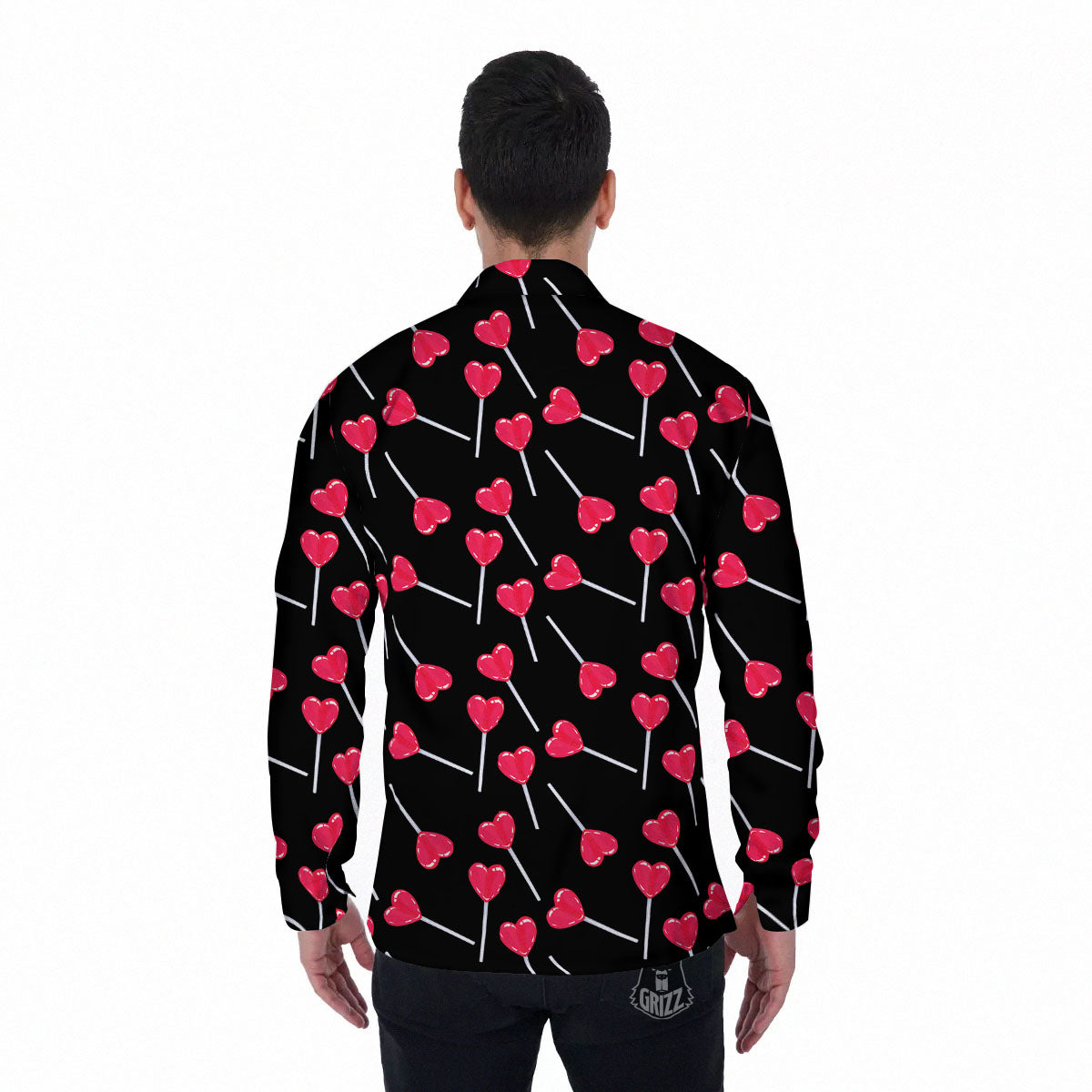 Lollipop Red Heart Print Pattern Men's Long Sleeve Shirts-grizzshop