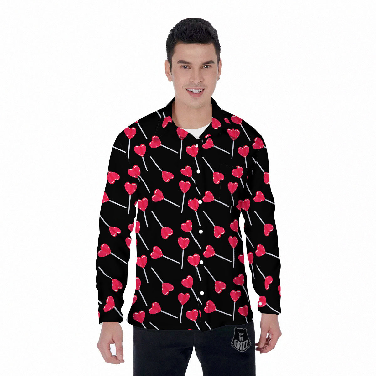 Lollipop Red Heart Print Pattern Men's Long Sleeve Shirts-grizzshop