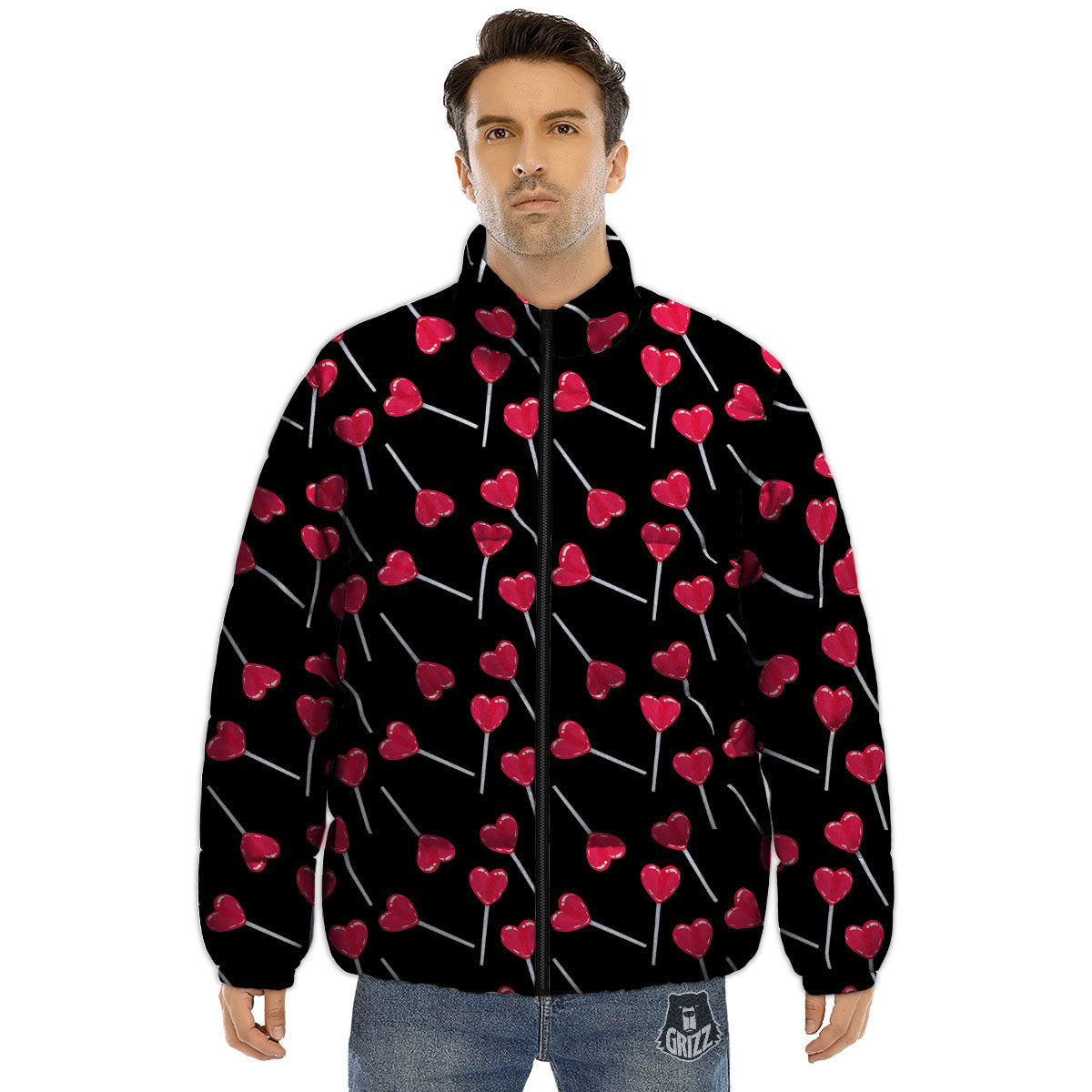 Lollipop Red Heart Print Pattern Puffer Jacket-grizzshop
