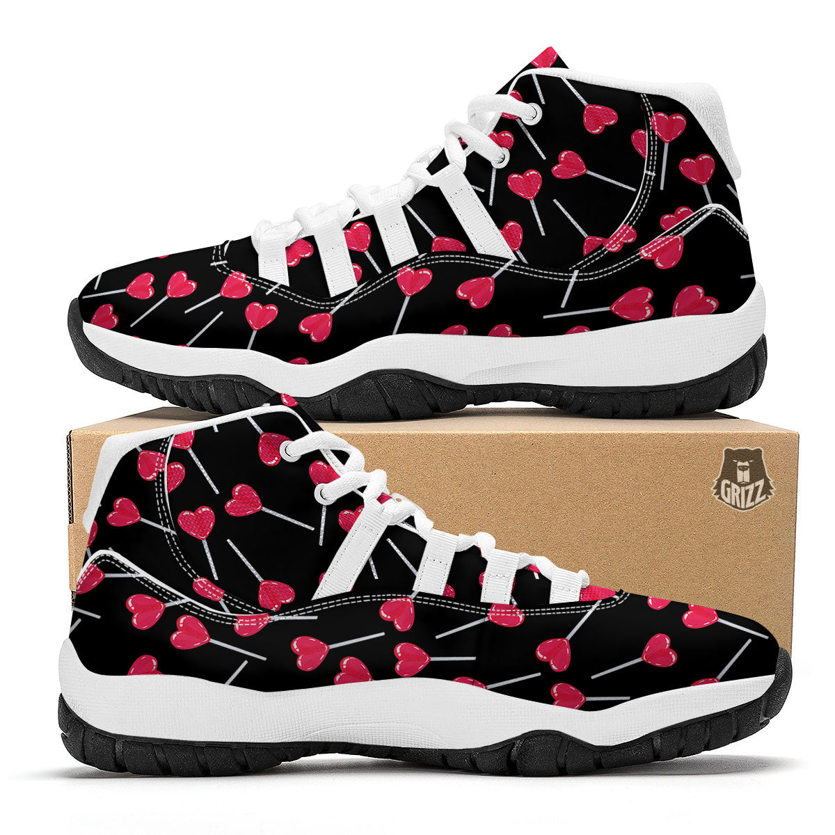 Lollipop Red Heart Print Pattern White Bball Shoes-grizzshop