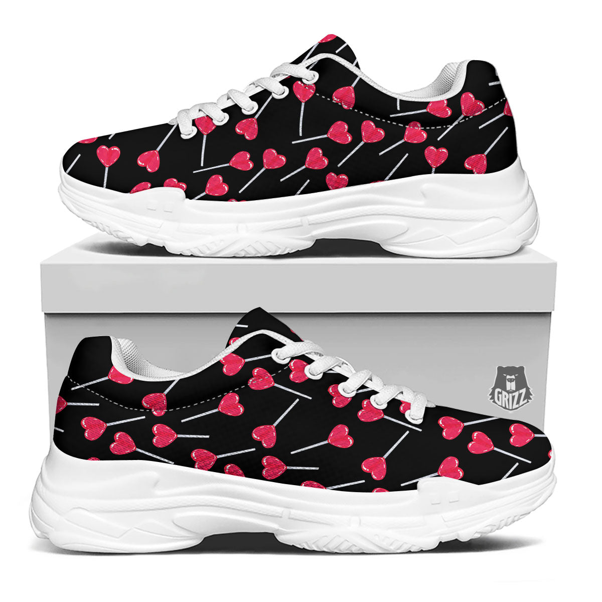 Lollipop Red Heart Print Pattern White Chunky Shoes-grizzshop