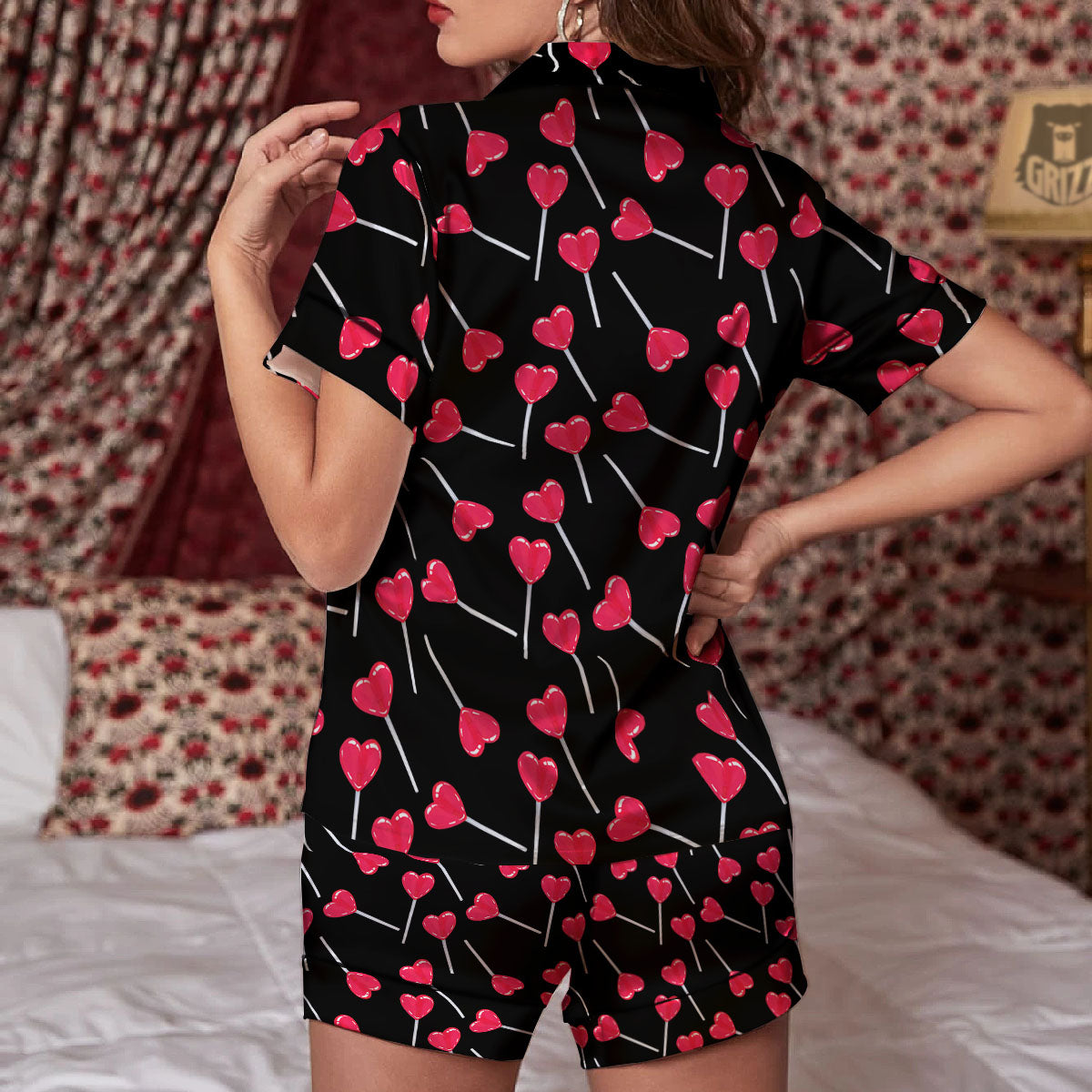 Lollipop Red Heart Print Pattern Women Silk Pajamas-grizzshop
