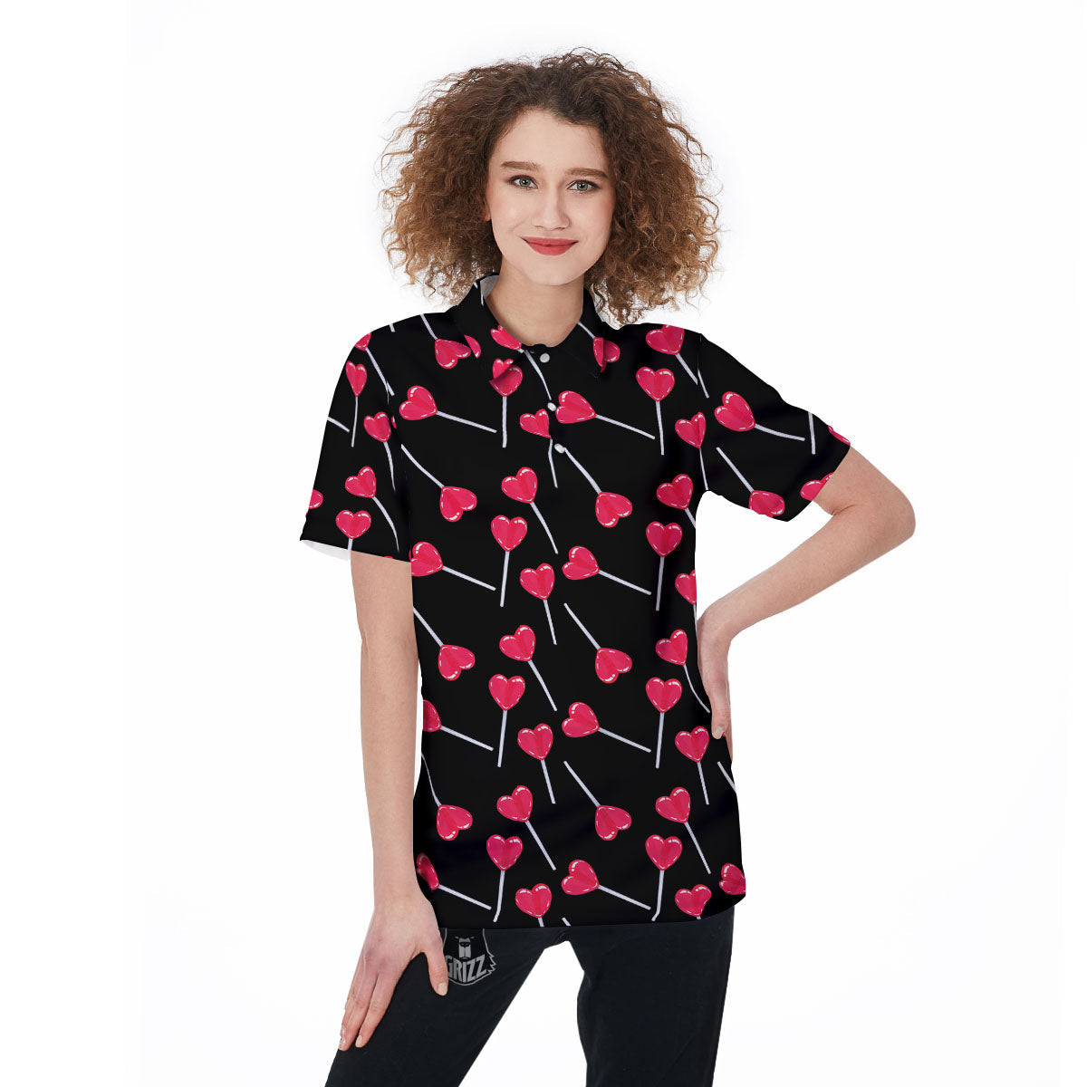 Lollipop Red Heart Print Pattern Women's Golf Shirts-grizzshop