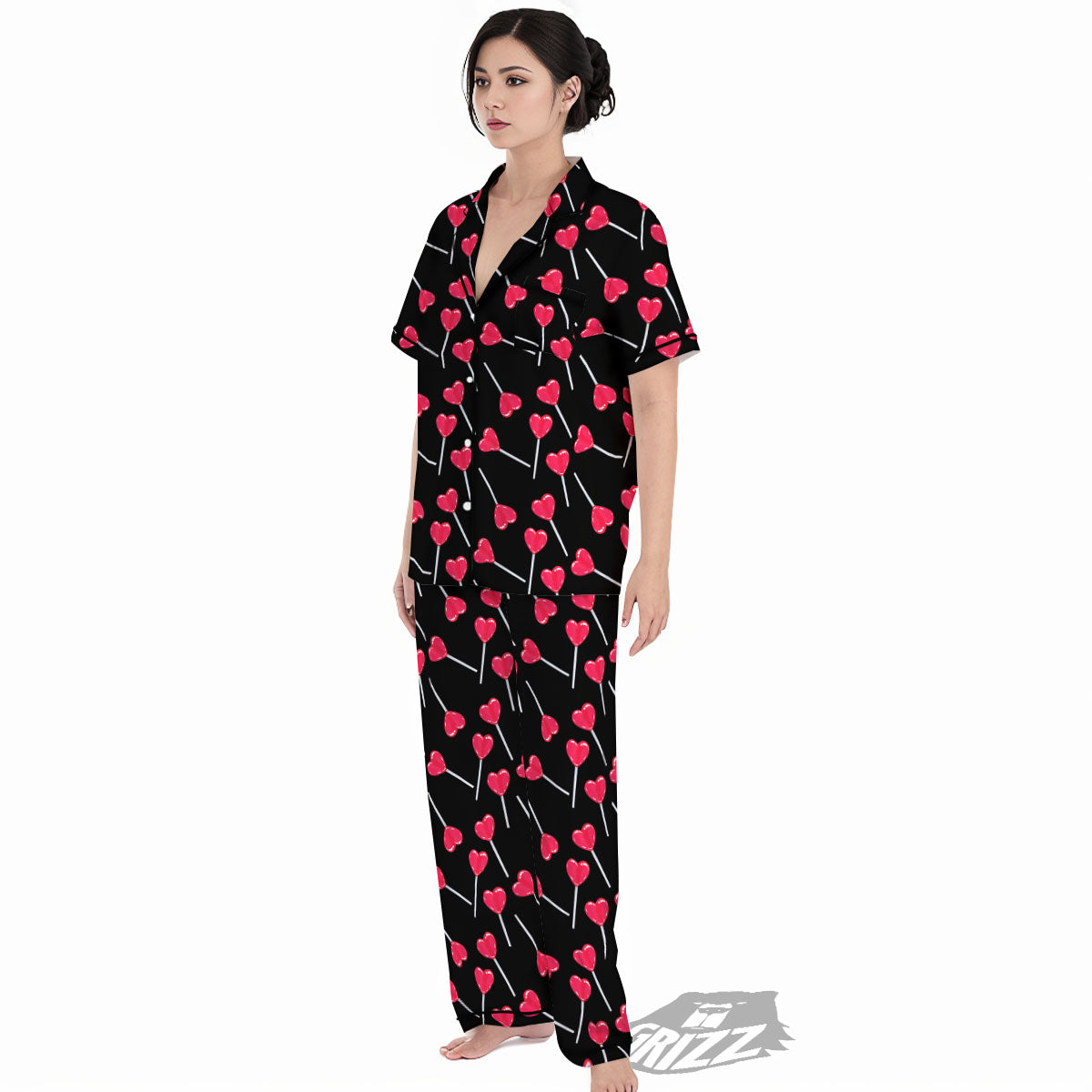 Lollipop Red Heart Print Pattern Women's Pajamas Set-grizzshop