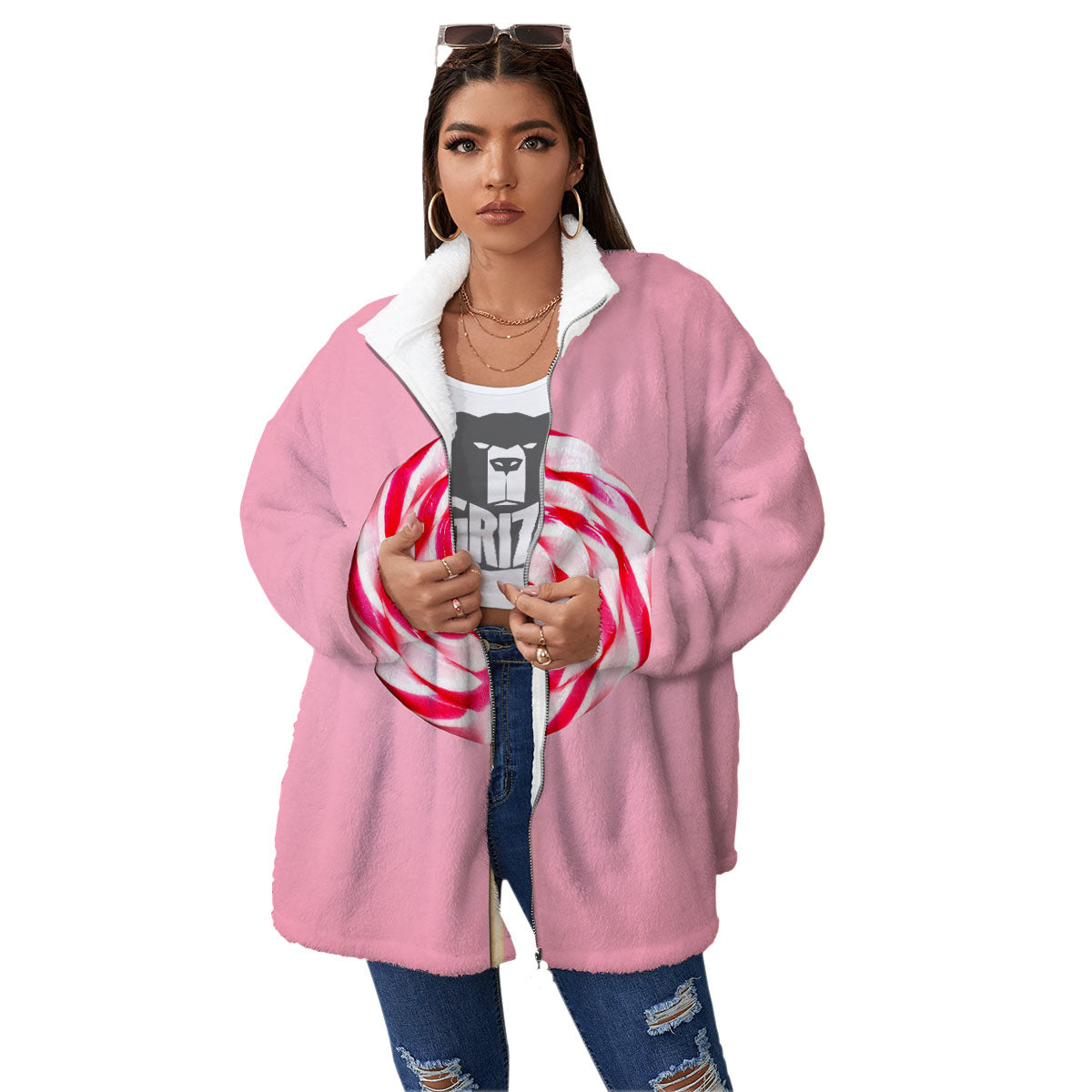 Lollipop Retro Print Women's Sherpa Jacket-grizzshop