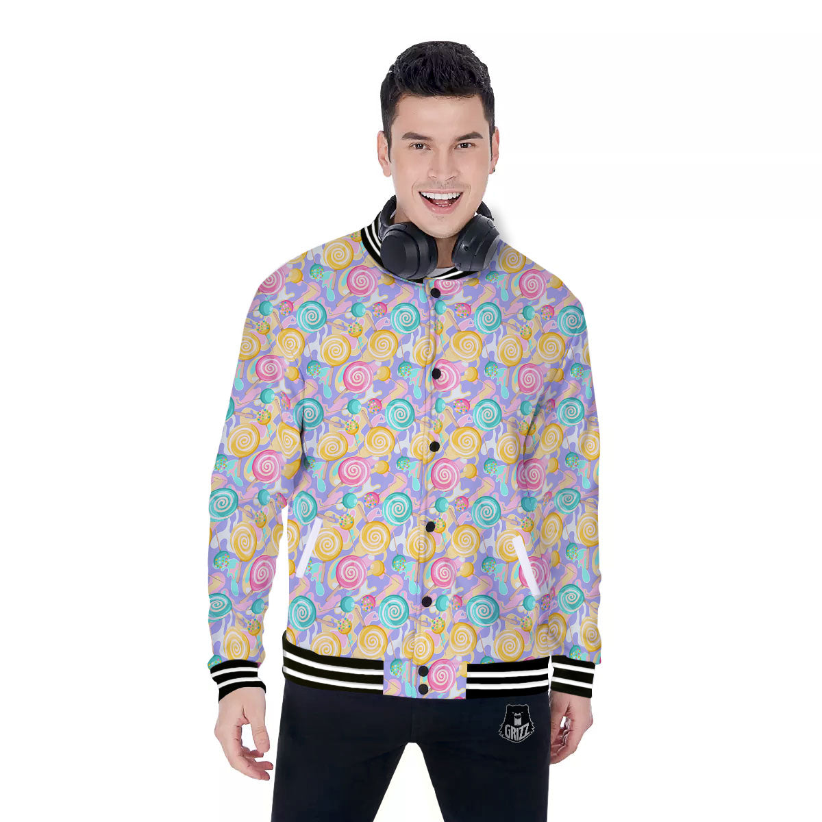 Lollipop Swirl Colorful Print Pattern Baseball Jacket-grizzshop