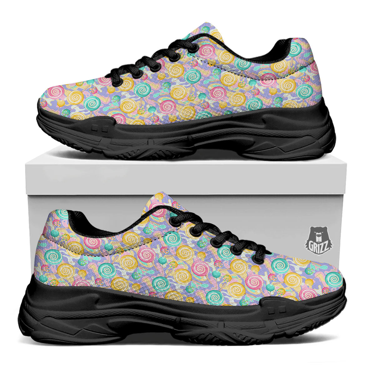 Lollipop Swirl Colorful Print Pattern Black Chunky Shoes-grizzshop