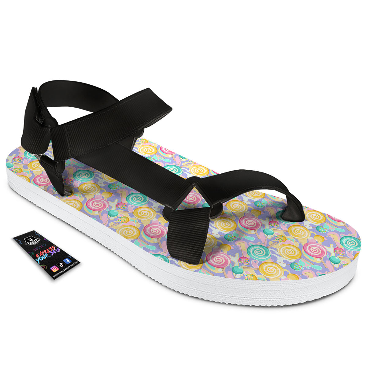 Lollipop Swirl Colorful Print Pattern Black Open Toe Sandals-grizzshop