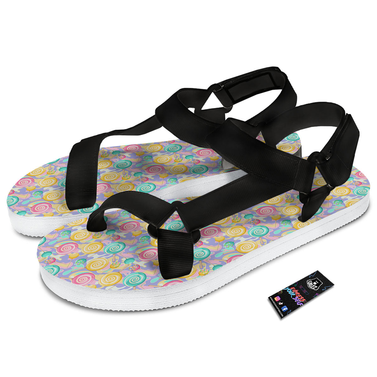 Lollipop Swirl Colorful Print Pattern Black Open Toe Sandals-grizzshop