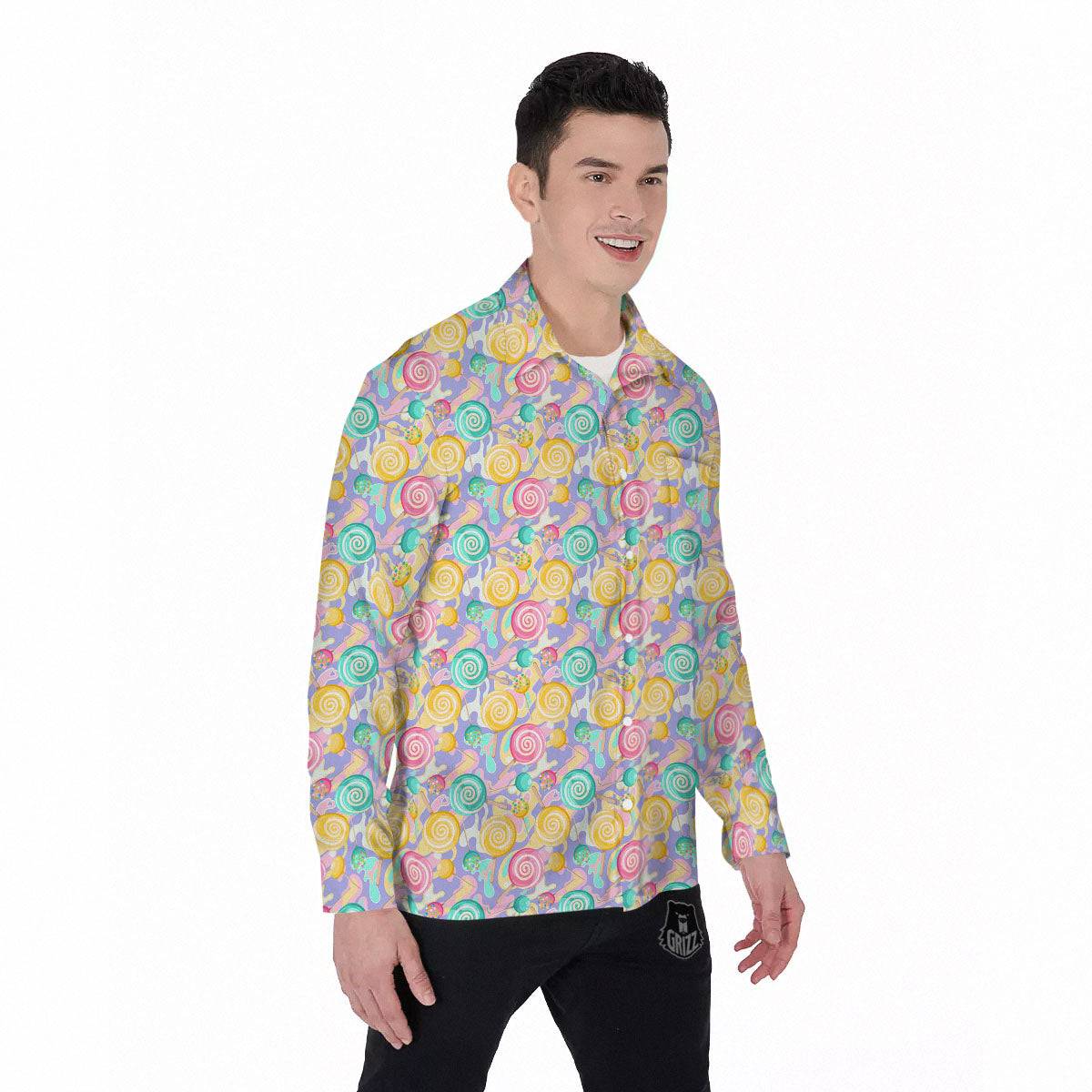 Lollipop Swirl Colorful Print Pattern Men's Long Sleeve Shirts-grizzshop