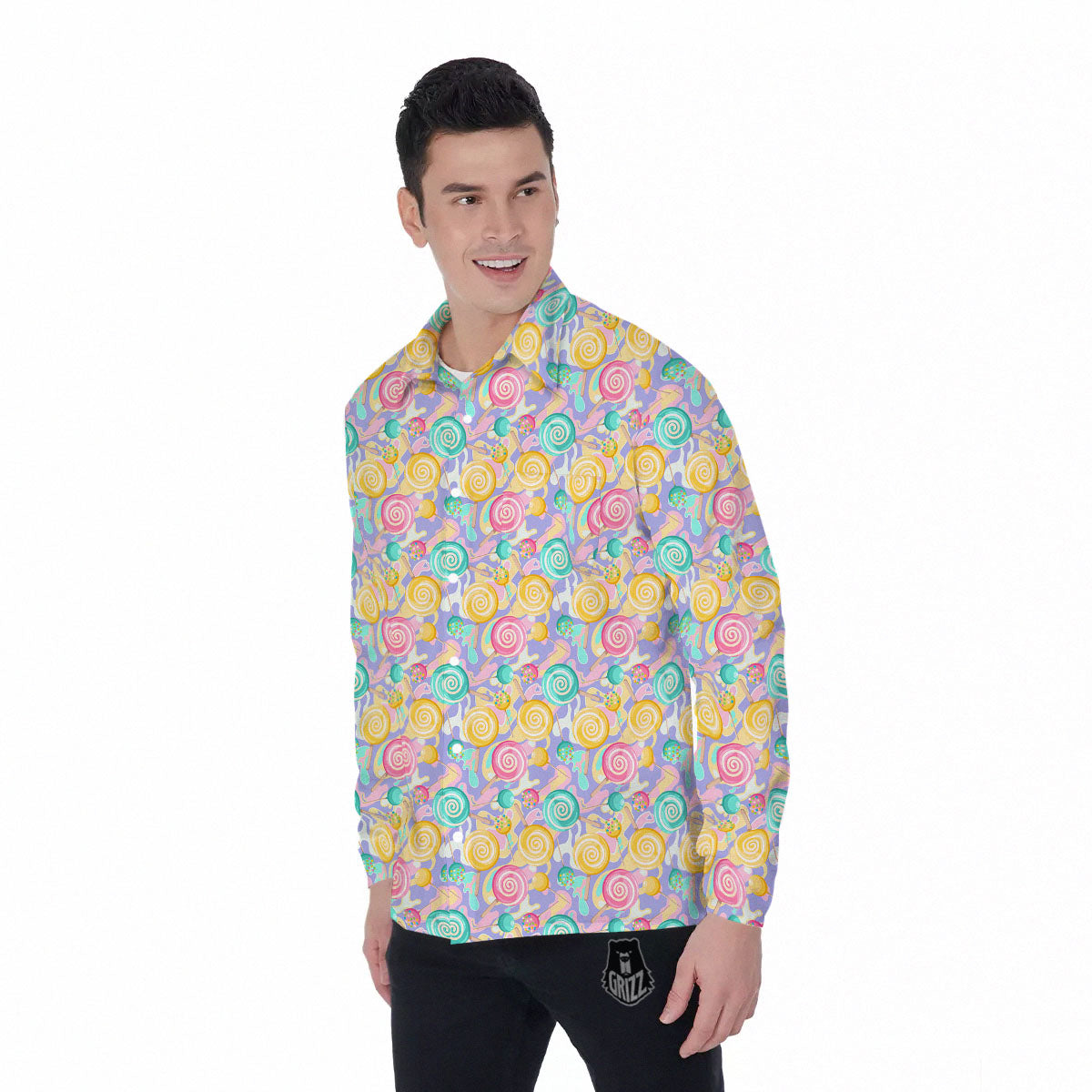 Lollipop Swirl Colorful Print Pattern Men's Long Sleeve Shirts-grizzshop