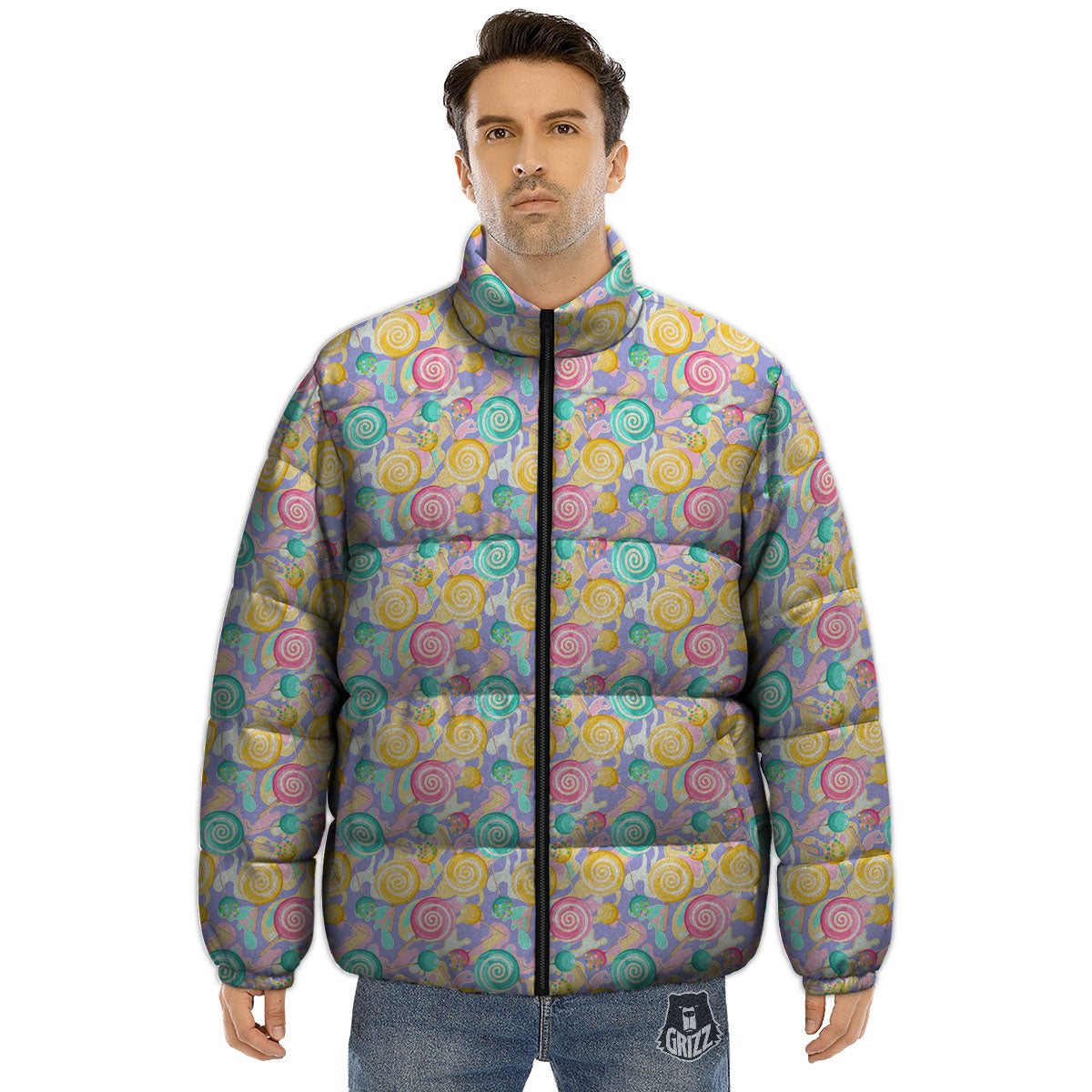 Lollipop Swirl Colorful Print Pattern Puffer Jacket-grizzshop