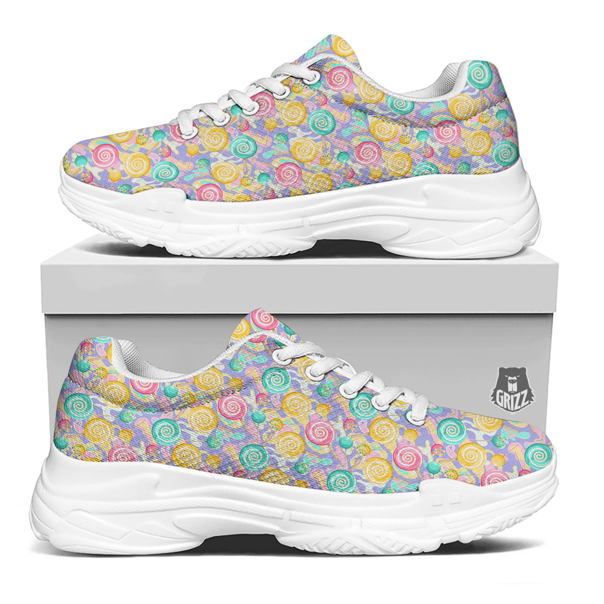 Lollipop Swirl Colorful Print Pattern White Chunky Shoes-grizzshop