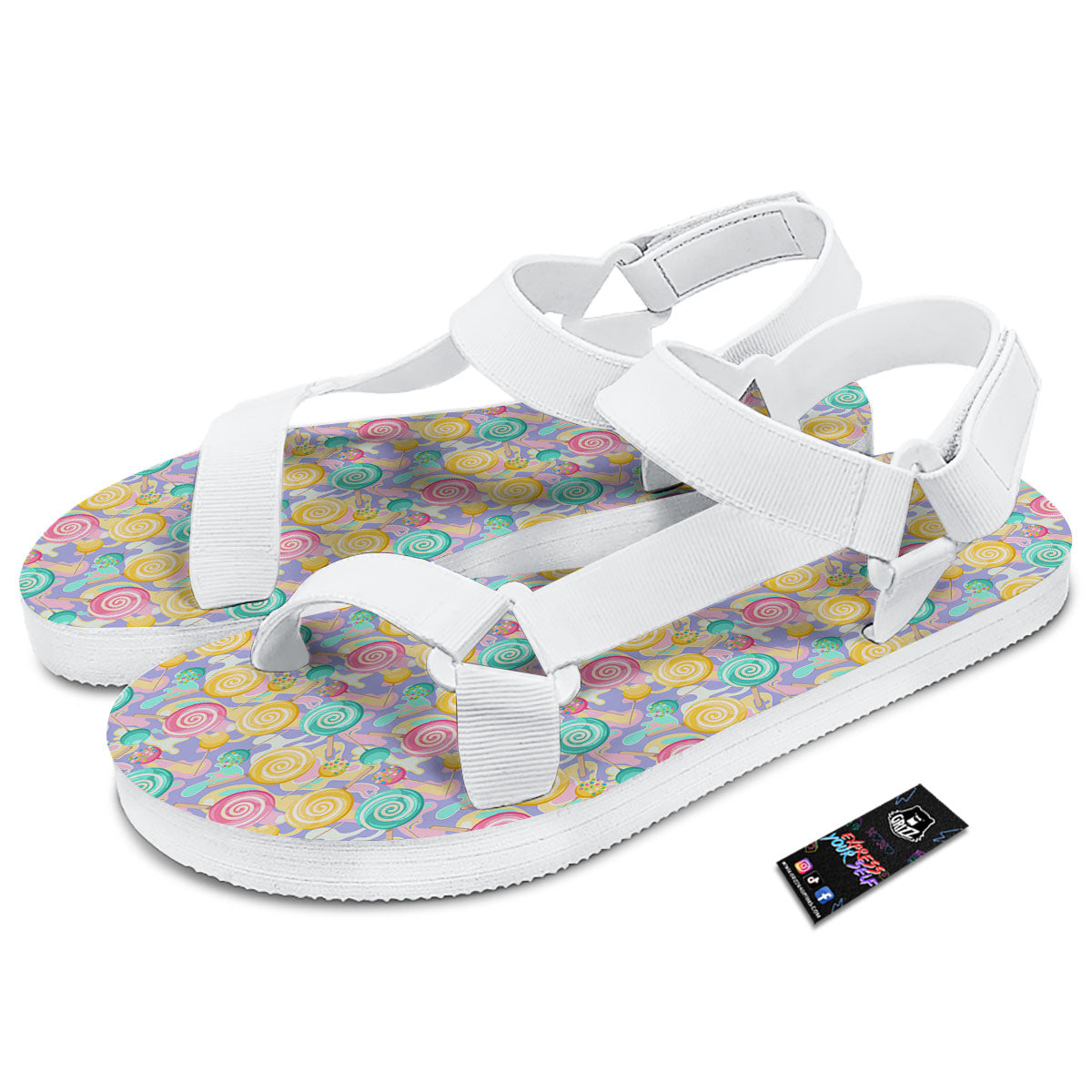 Lollipop Swirl Colorful Print Pattern White Open Toe Sandals-grizzshop