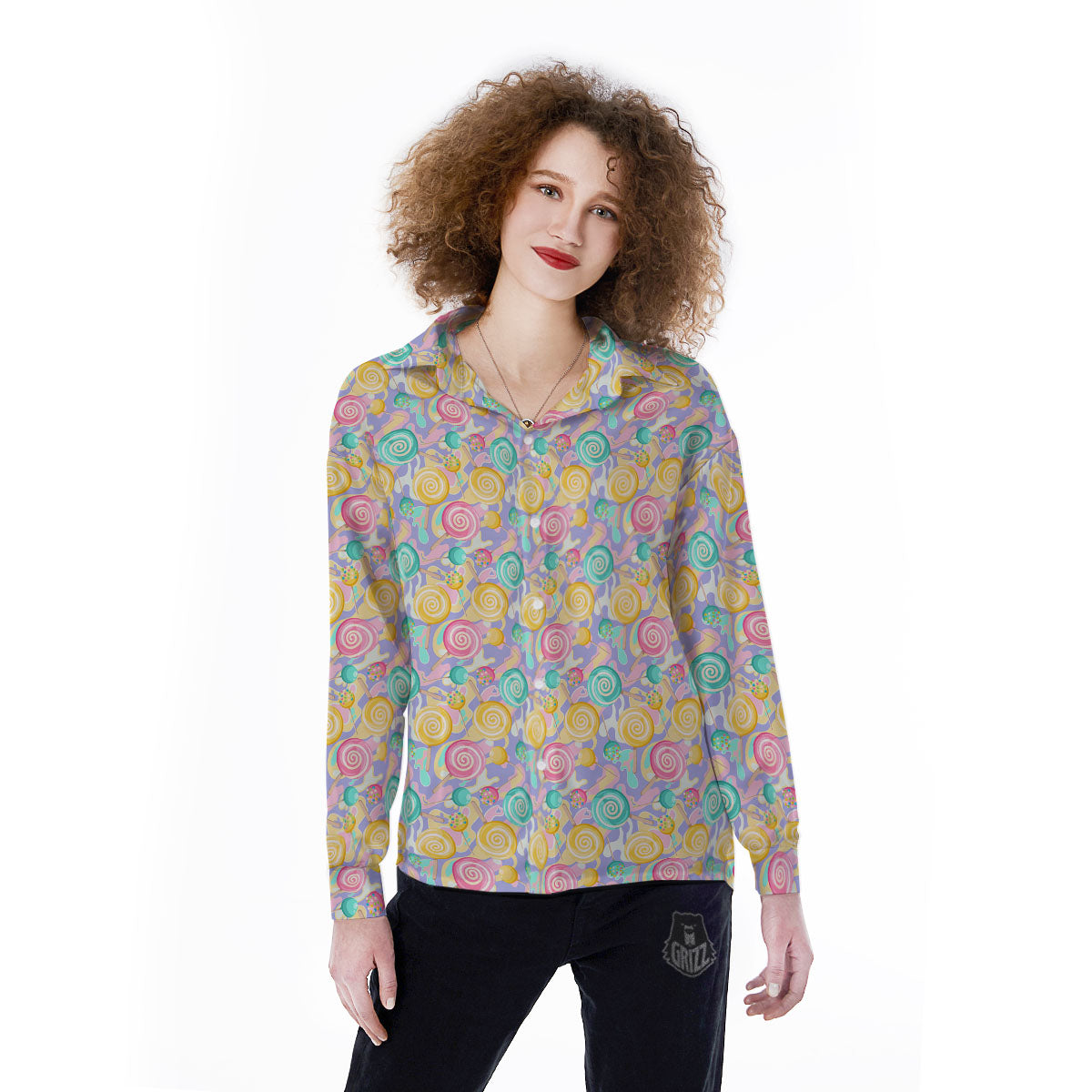 Lollipop Swirl Colorful Print Pattern Women's Long Sleeve Shirts-grizzshop