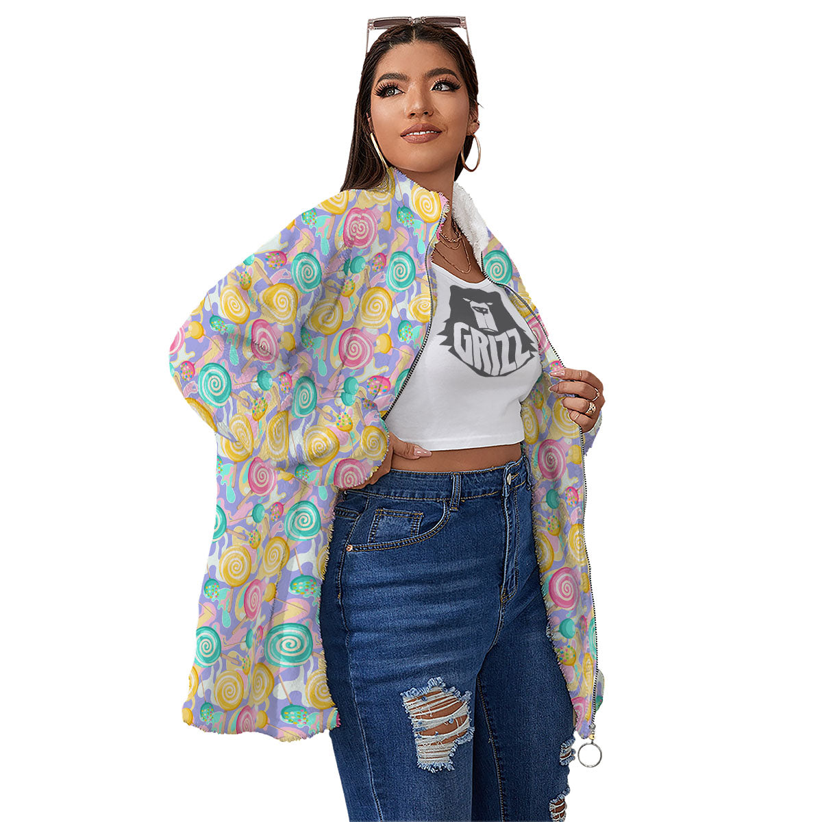 Lollipop Swirl Colorful Print Pattern Women's Sherpa Jacket-grizzshop
