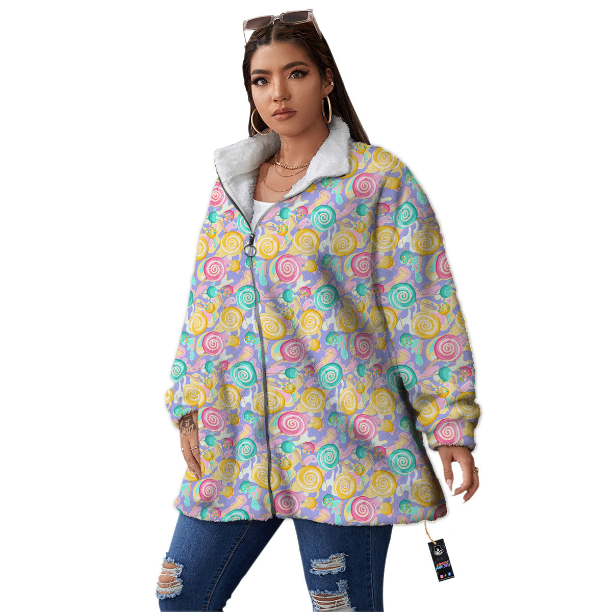 Lollipop Swirl Colorful Print Pattern Women's Sherpa Jacket-grizzshop
