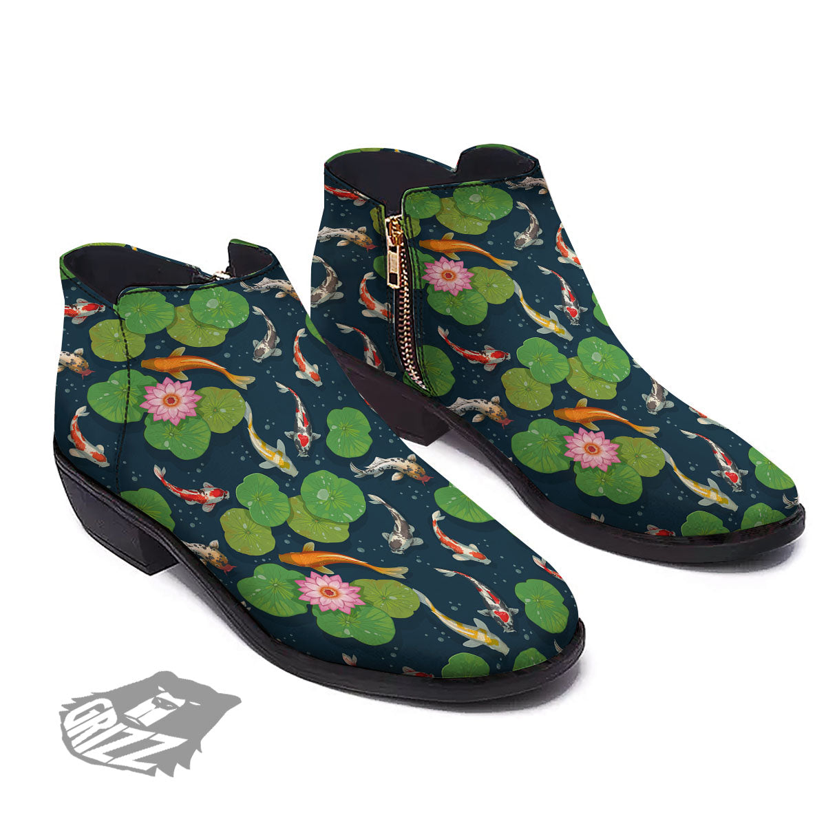 Lotus And Koi Carp Print Pattern Ankle Boots-grizzshop