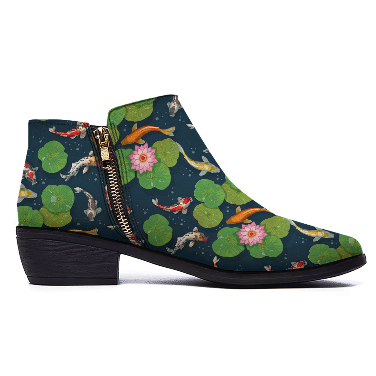 Lotus And Koi Carp Print Pattern Ankle Boots-grizzshop
