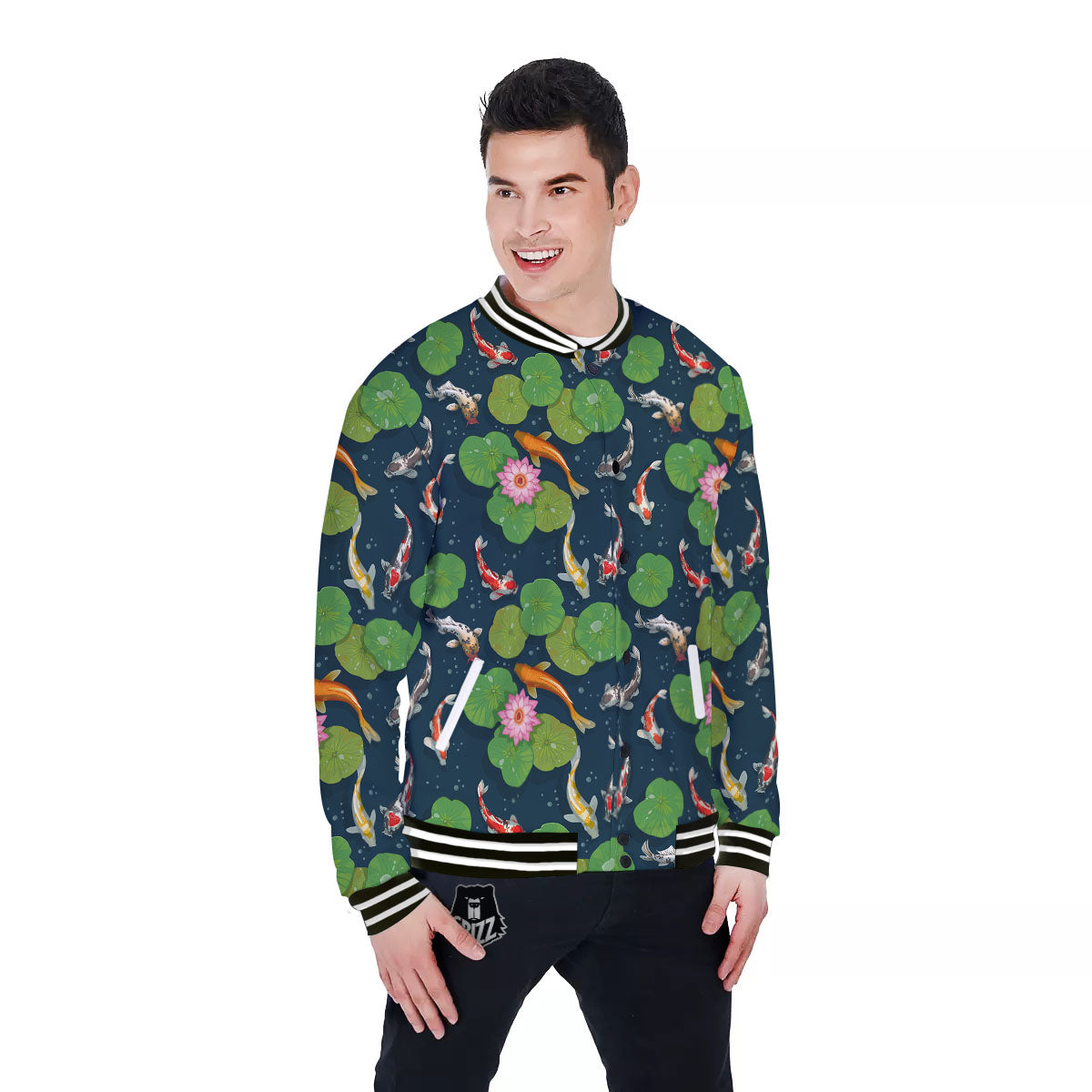 Lotus And Koi Carp Print Pattern Baseball Jacket-grizzshop