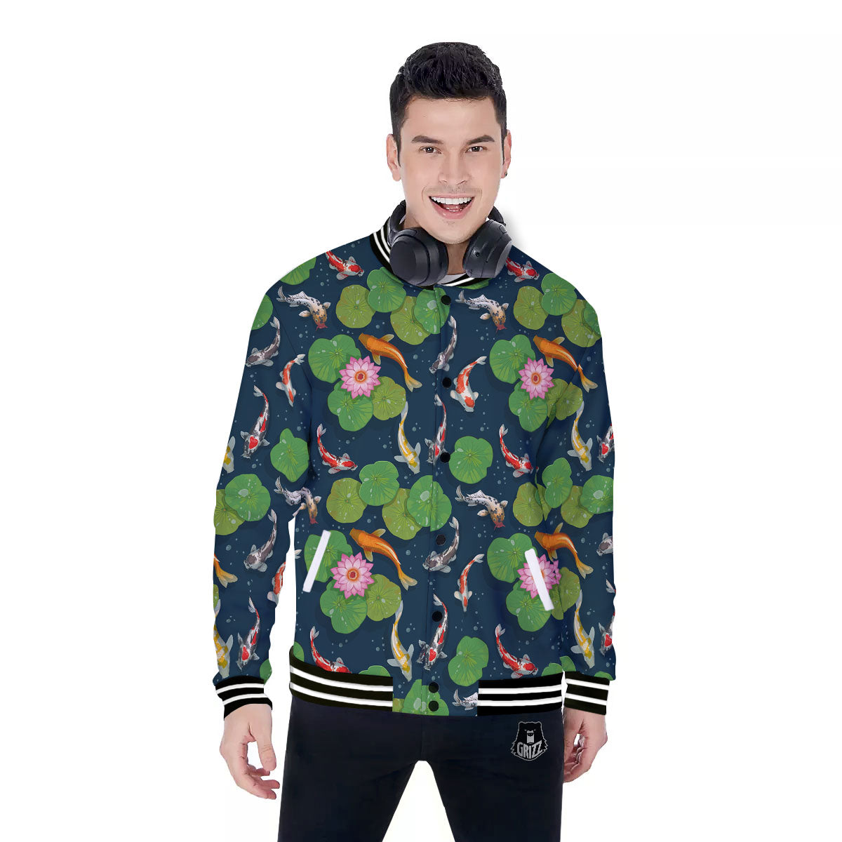Lotus And Koi Carp Print Pattern Baseball Jacket-grizzshop