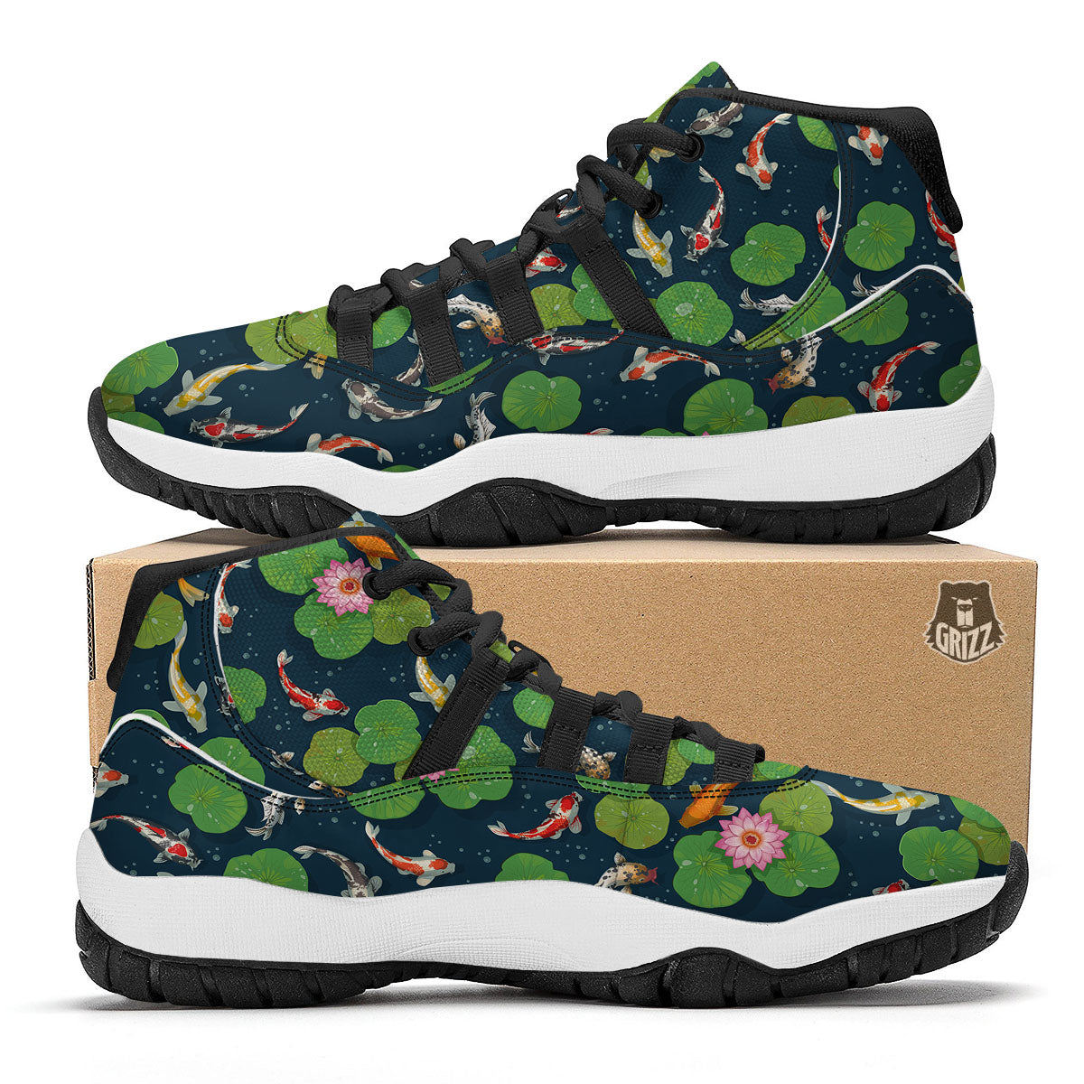 Lotus And Koi Carp Print Pattern Black Bball Shoes-grizzshop