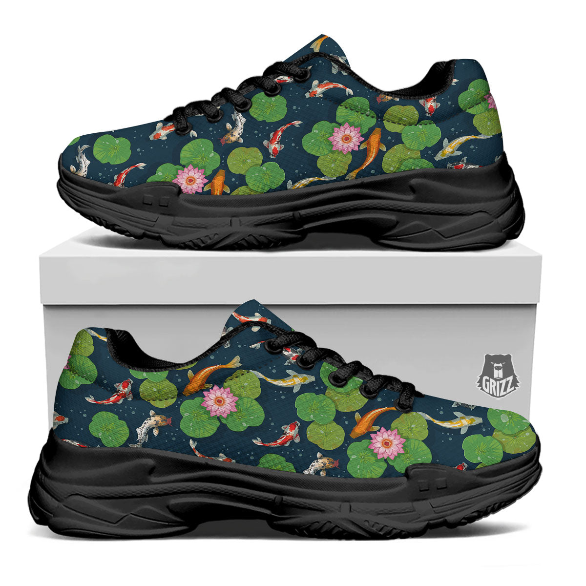 Lotus And Koi Carp Print Pattern Black Chunky Shoes-grizzshop