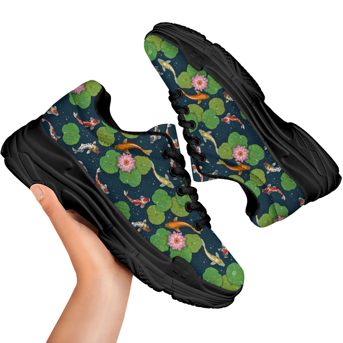 Lotus And Koi Carp Print Pattern Black Chunky Shoes-grizzshop