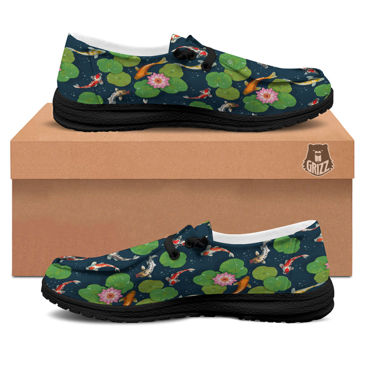 Lotus And Koi Carp Print Pattern Black Loafers-grizzshop