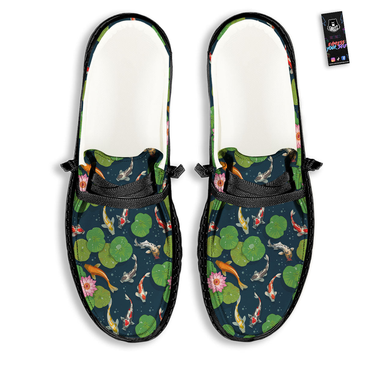 Lotus And Koi Carp Print Pattern Black Loafers-grizzshop