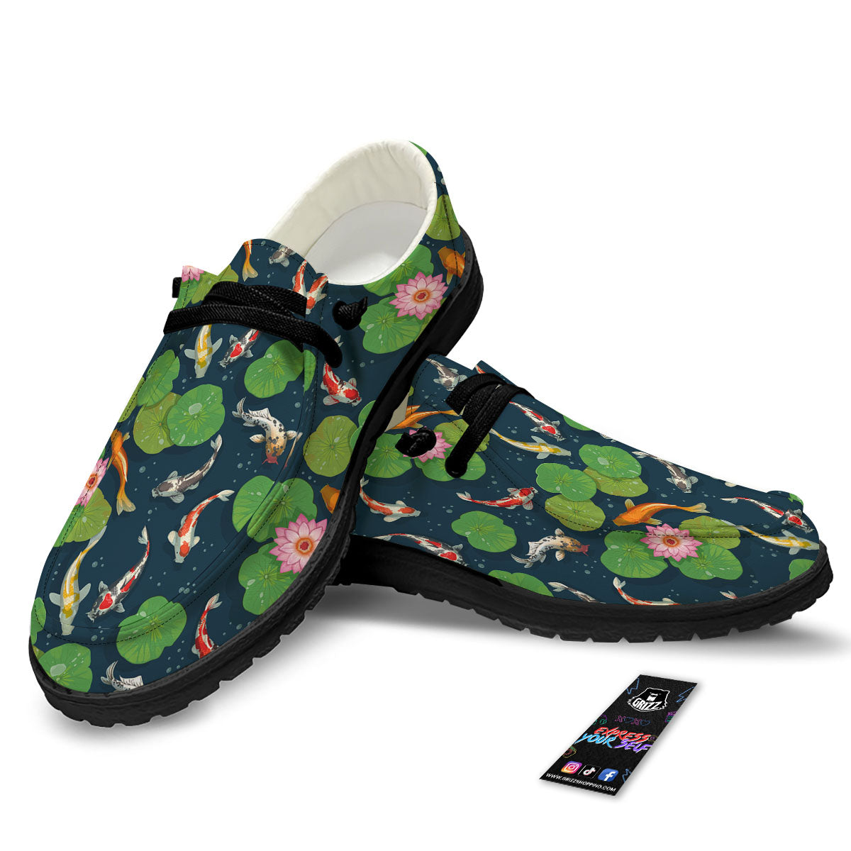 Lotus And Koi Carp Print Pattern Black Loafers-grizzshop